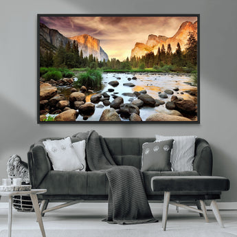 90956031-MGV-CV-36X24-Yosemite Valley Wall Art – Scenic Mountain River Landscape Canvas Print, Nature Photography for Living Room, Bedroom, Cabin,