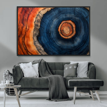 72209152-MGV-FC-36X24_Black-Abstract Tree Ring Wall Art – Vibrant Blue Orange Wood Grain Canvas Print, Rustic Modern Nature Artwork for Living Room, Office,