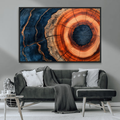 41123192-MGV-CV-36X24-Tree Ring Canvas Wall Art – Abstract Blue Orange Wood Grain Print, Rustic Modern Nature Artwork for Living Room, Bedroom, Office