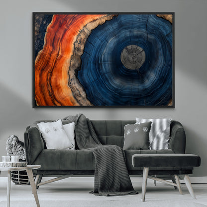 99491700-MGV-CV-36X24-Tree Ring Canvas Wall Art – Blue Orange Abstract Wood Grain Print, Rustic Modern Nature Artwork for Living Room, Office, Bedroom
