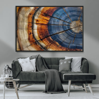 18032999-MGV-CV-36X24-Tree Ring Wall Art – Blue Brown Abstract Wood Slice Canvas Print, Rustic Modern Nature Decor for Living Room, Office, Bedroom or