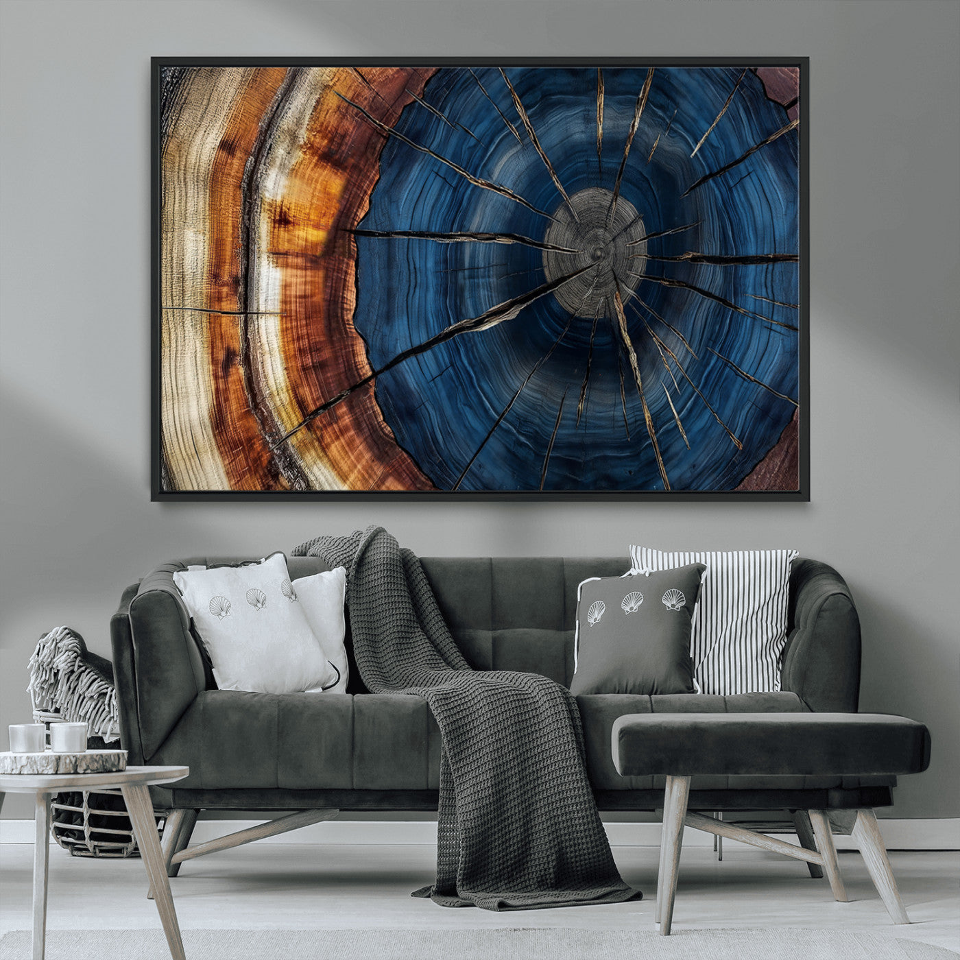 60099360-MGV-CV-36X24-Blue Tree Ring Wall Art – Rustic Wood Grain Canvas Print, Modern Abstract Artwork with Natural Texture for Living Room, Bedroom,