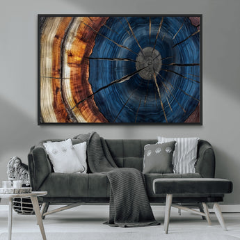 60099360-MGV-CV-36X24-Blue Tree Ring Wall Art – Rustic Wood Grain Canvas Print, Modern Abstract Artwork with Natural Texture for Living Room, Bedroom,