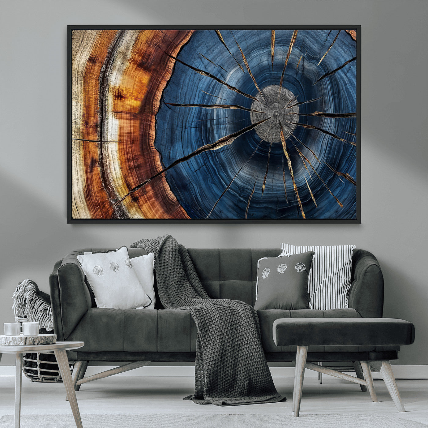 45268471-MGV-CV-36X24-Blue Tree Ring Wall Art – Rustic Wood Cross Section Canvas Print, Modern Abstract Nature Decor for Living Room, Office, or Cabin
