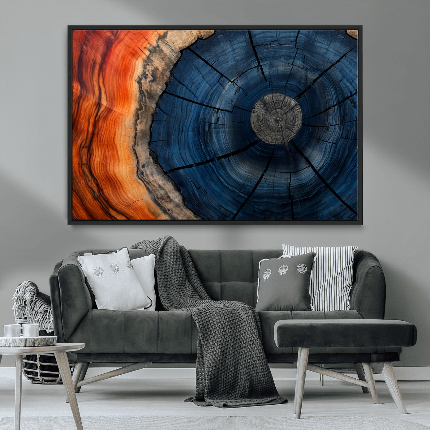 26110607-MGV-CV-36X24-Blue and Orange Tree Ring Wall Art – Abstract Wood Cross Section Canvas Print, Modern Rustic Nature Decor for Living Room, Office,