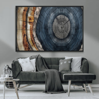 91368647-MGV-CV-36X24-Smoky Blue Tree Ring Wall Art – Rustic Wood Cross Section Canvas Print, Modern Nature Inspired Decor for Living Room, Office, or