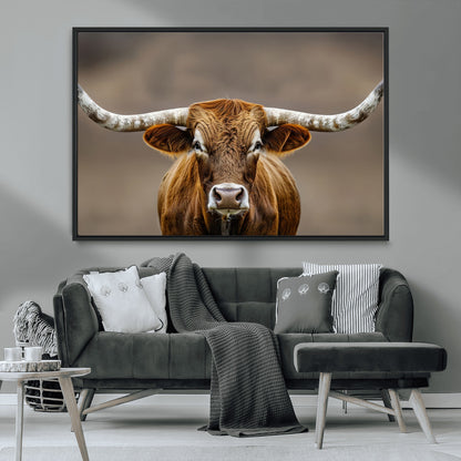 12179171-MGV-CV-36X24-Texas Longhorn Wall Art Canvas Print, Framed Brown Bull Art Picture Print, Lone Cattle Perfect Rustic Western Decor Artwork