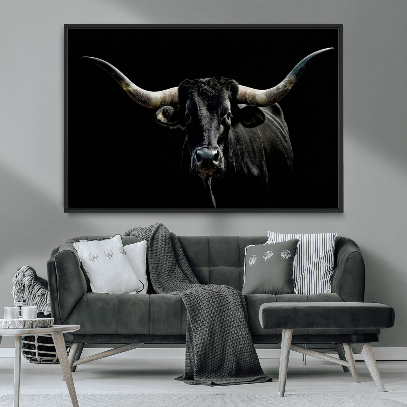 37531960-MGV-CV-36X24-Black Longhorn Bull Wall Art – Dramatic Western Cattle Canvas Print, Rustic Farmhouse Animal Artwork for Living Room, Bedroom,