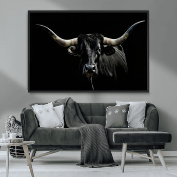 37531960-MGV-CV-36X24-Black Longhorn Bull Wall Art – Dramatic Western Cattle Canvas Print, Rustic Farmhouse Animal Artwork for Living Room, Bedroom,