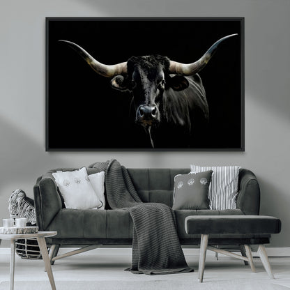 37531960-MGV-CV-36X24-Black Longhorn Bull Wall Art – Dramatic Western Cattle Canvas Print, Rustic Farmhouse Animal Artwork for Living Room, Bedroom,