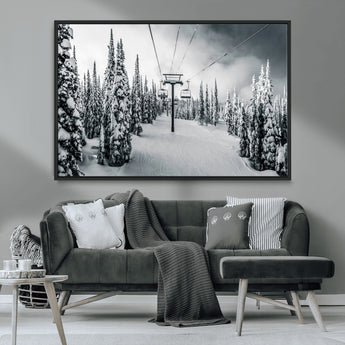 31156828-MGV-CV-36X24-Snowy Pines Wall Art Canvas Print, Framed Ski Lift Art Picture Print, Winter Forest Perfect Moody Lodge Decor Artwork