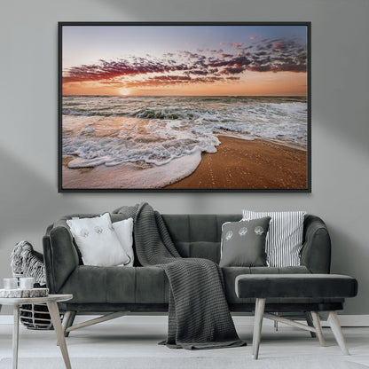 39846389-MGV-CV-36X24-Ocean Sunset Wall Art Canvas Print, Framed Sandy Shore Art Picture Print, Gentle Waves Perfect Minimalist Coastal Decor Artwork
