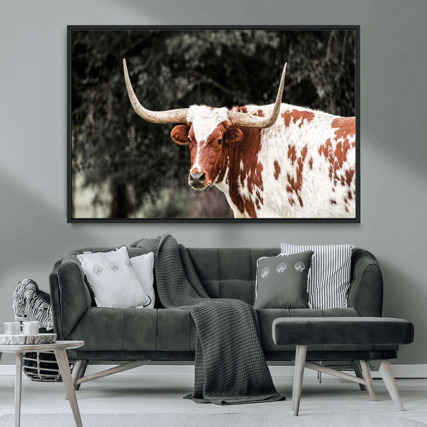 54027638-MGV-FC-36X24_Black-Texas Longhorn Wall Art Canvas Print, Framed Spotted Cow Art Picture Print, Horned Bull Perfect Rustic Western Decor Artwork