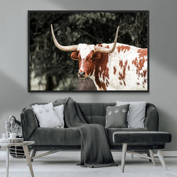54027638-MGV-FC-36X24_Black-Texas Longhorn Wall Art Canvas Print, Framed Spotted Cow Art Picture Print, Horned Bull Perfect Rustic Western Decor Artwork