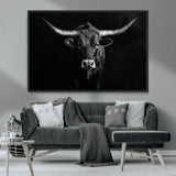 42077175-MGV-CV-36X24-Texas Longhorn Wall Art Canvas Print, Framed Monochrome Bull Art Picture Print, Horned Bull Perfect Rustic Western Decor Artwork