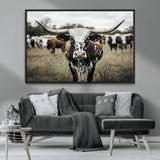79025945-MGV-CV-36X24-Texas Longhorn Wall Art Canvas Print, Framed Speckled Cow Art Picture Print, Horned Cattle Perfect Rustic Western Decor Artwork