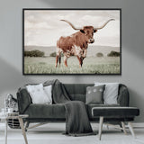 28309012-MGV-CV-36X24-Texas Longhorn Wall Art Canvas Print, Framed Spotted Cattle Art Picture Print, Horned Bull Perfect Rustic Western Decor Artwork