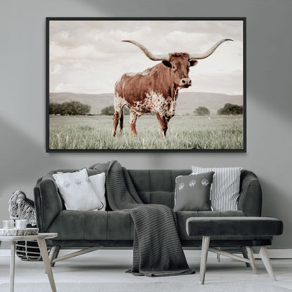 28309012-MGV-CV-36X24-Texas Longhorn Wall Art Canvas Print, Framed Spotted Cattle Art Picture Print, Horned Bull Perfect Rustic Western Decor Artwork