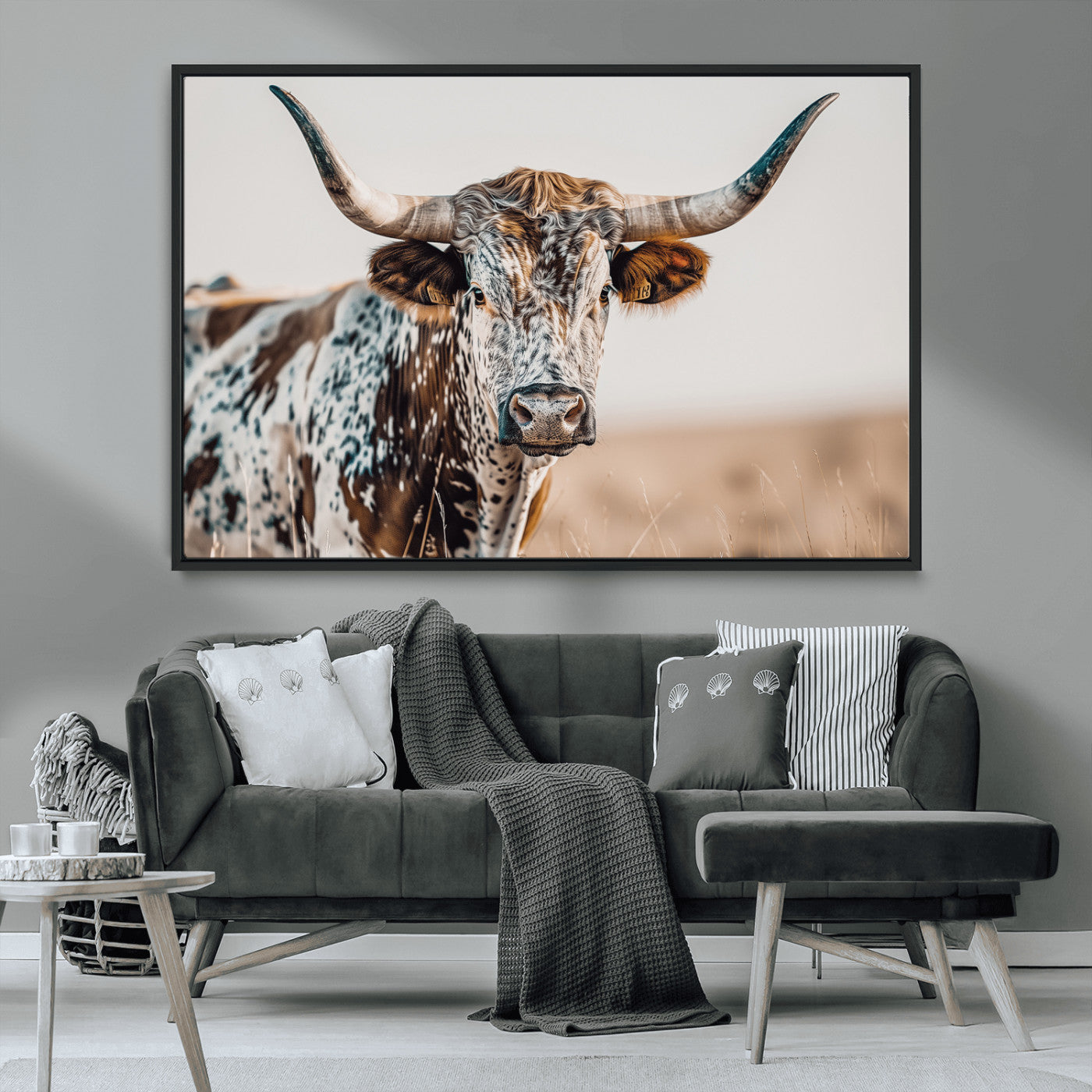 70414966-MGV-CV-36X24-Texas Longhorn Wall Art Canvas Print, Framed Speckled Cow Art Picture Print, Horned Bull Perfect Rustic Western Decor Artwork