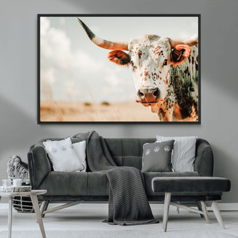 72766375-MGV-CV-36X24-Texas Longhorn Wall Art Canvas Print, Framed Spotted Cow Art Picture Print, Horned Cattle Perfect Rustic Western Decor Artwork