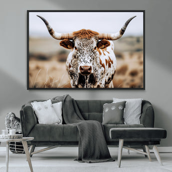76294381-MGV-CV-36X24-Texas Longhorn Wall Art Canvas Print, Framed Spotted Cow Art Picture Print, Horned Cattle Perfect Rustic Western Decor Artwork