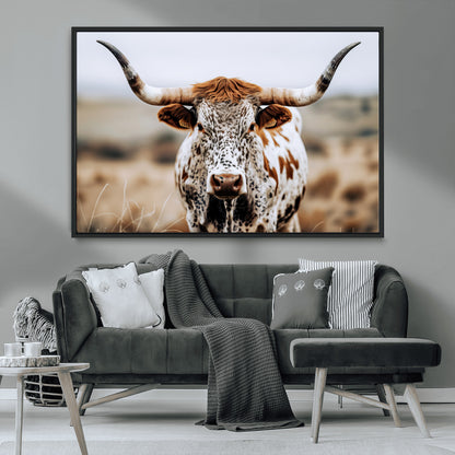 76294381-MGV-CV-36X24-Texas Longhorn Wall Art Canvas Print, Framed Spotted Cow Art Picture Print, Horned Cattle Perfect Rustic Western Decor Artwork