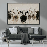 12027562-MGV-CV-36X24-Longhorn Cattle Wall Art Canvas Print, Framed Bison Herd Art Picture Print, Cattle Group Perfect Rustic Farmhouse Decor Artwork