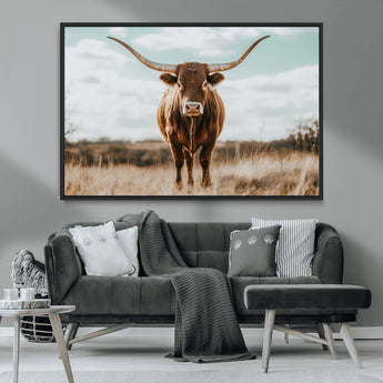 39350715-MGV-FC-36X24_Black-Texas Longhorn Wall Art Canvas Print, Framed Longhorn Cow Art Picture Print, Western Cattle Perfect Rustic Western Decor Artwork