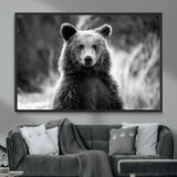 MGV-FC-36X24 - Grizzly Bear Wall Art Canvas Print, Framed Black White Bear Art Picture Print, Wild Bear Perfect Rustic Wildlife Decor Artwork