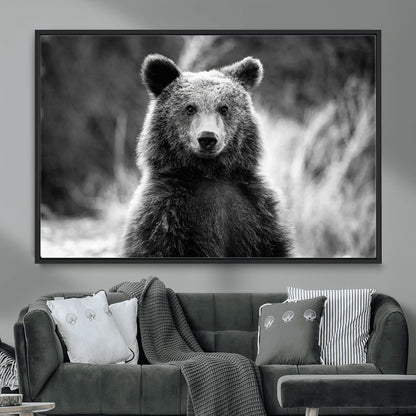 MGV-FC-36X24 - Grizzly Bear Wall Art Canvas Print, Framed Black White Bear Art Picture Print, Wild Bear Perfect Rustic Wildlife Decor Artwork