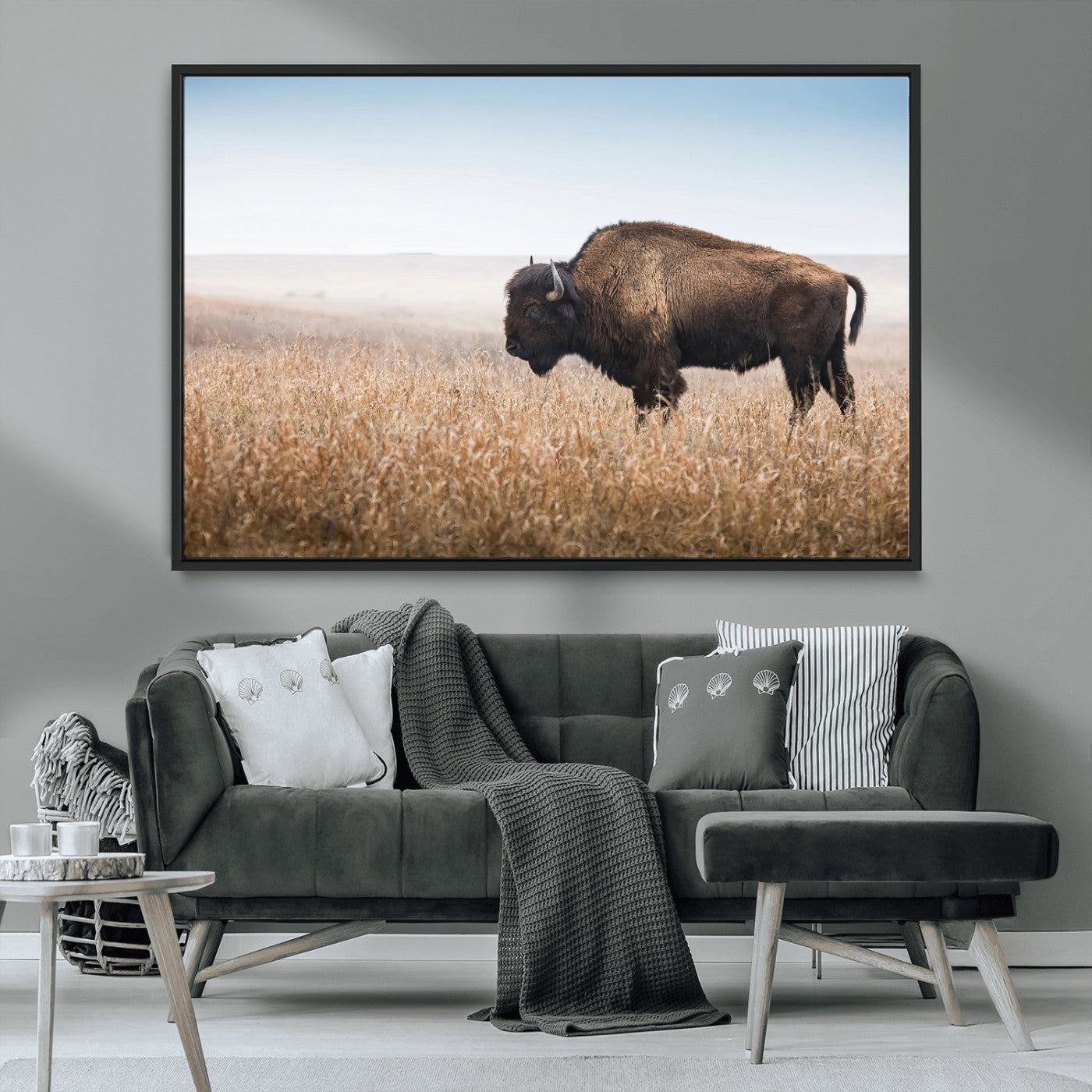 91267849-MGV-CV-36X24-Wild Bison Wall Art Canvas Print, Framed Bison in Prairie Art Picture Print, Rustic Western Perfect Rustic Western Decor Artwork