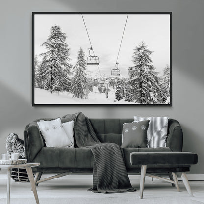 55003599-MGV-CV-36X24-Snowy Ski Lift Wall Art Canvas Print, Framed Winter Forest Art Picture Print, Ski lift Ride Perfect Winter Lodge Decor Artwork