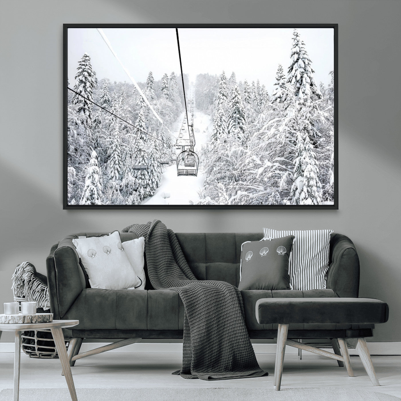 60296839-MGV-CV-36X24-Snowy Mountains Wall Art Canvas Print, Framed Ski Lift Art Picture Print, Winter Forest Perfect Winter Minimalist Decor Artwork