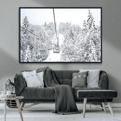 60296839-MGV-CV-36X24-Snowy Mountains Wall Art Canvas Print, Framed Ski Lift Art Picture Print, Winter Forest Perfect Winter Minimalist Decor Artwork