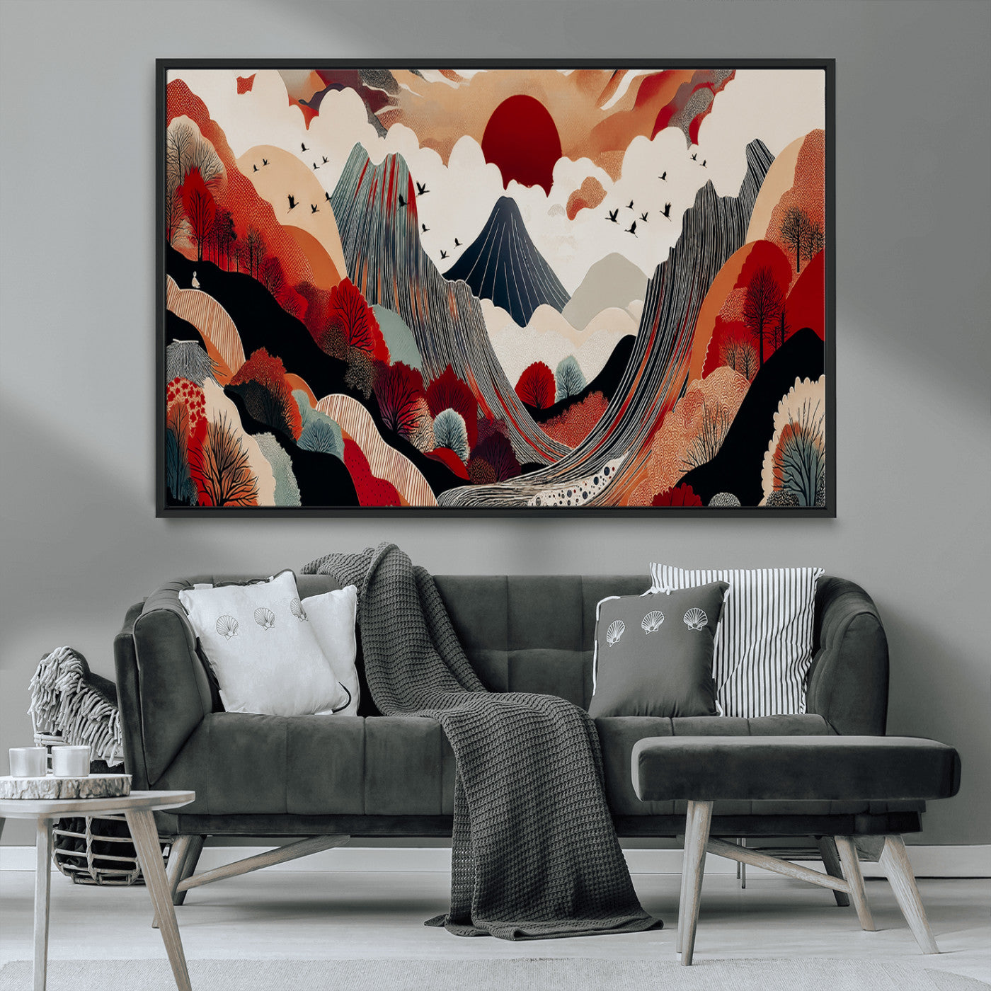 59495752-MGV-FC-36X24_Black-Abstract Mountain Wall Art Canvas Print, Framed Vibrant Landscape Art Picture Print, Nature Drawing Perfect Contemporary