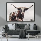 95249234-MGV-CV-36X24-Texas Longhorn Wall Art Canvas Print, Framed Spotted Bull Art Picture Print, Horned Cattle Perfect Rustic Farmhouse Decor Artwork
