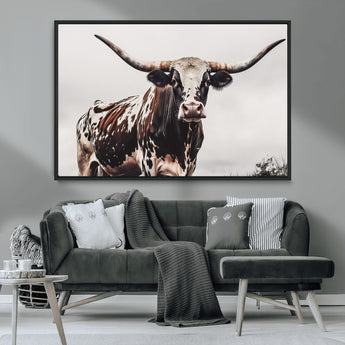 95249234-MGV-CV-36X24-Texas Longhorn Wall Art Canvas Print, Framed Spotted Bull Art Picture Print, Horned Cattle Perfect Rustic Farmhouse Decor Artwork