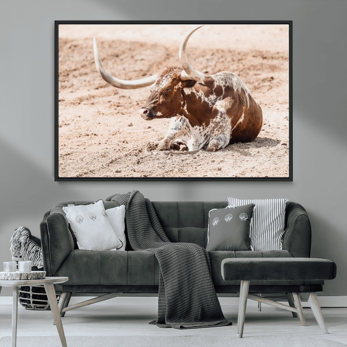 91248682-MGV-CV-36X24-Texas Longhorn Wall Art Canvas Print, Framed Resting Bull Art Picture Print, Spotted Cattle Perfect Rustic Western Decor Artwork