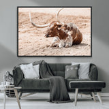 91248682-MGV-CV-36X24-Texas Longhorn Wall Art Canvas Print, Framed Resting Bull Art Picture Print, Spotted Cattle Perfect Rustic Western Decor Artwork