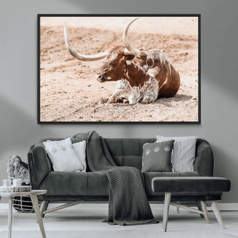 91248682-MGV-CV-36X24-Texas Longhorn Wall Art Canvas Print, Framed Resting Bull Art Picture Print, Spotted Cattle Perfect Rustic Western Decor Artwork