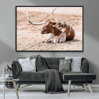 91248682-MGV-CV-36X24-Texas Longhorn Wall Art Canvas Print, Framed Resting Bull Art Picture Print, Spotted Cattle Perfect Rustic Western Decor Artwork