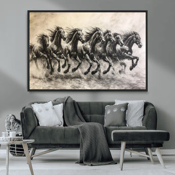 56089591-MGV-FC-36X24_Black-Galloping Horses Wall Art Canvas Print, Framed Wild Stallions Art Picture Print, Horse Herd Sketch Perfect Monochrome Dynamic