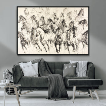 19433417-MGV-CV-36X24-Running Horses Wall Art Canvas Print, Framed Horse Sketch Art Picture Print, Galloping Herd Perfect Monochrome Western Decor