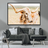 21060648-MGV-CV-36X24-Texas Longhorn Wall Art Canvas Print, Framed Speckled Cow Art Picture Print, Rustic Bull Perfect Rustic Western Decor Artwork