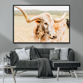 21060648-MGV-CV-36X24-Texas Longhorn Wall Art Canvas Print, Framed Speckled Cow Art Picture Print, Rustic Bull Perfect Rustic Western Decor Artwork