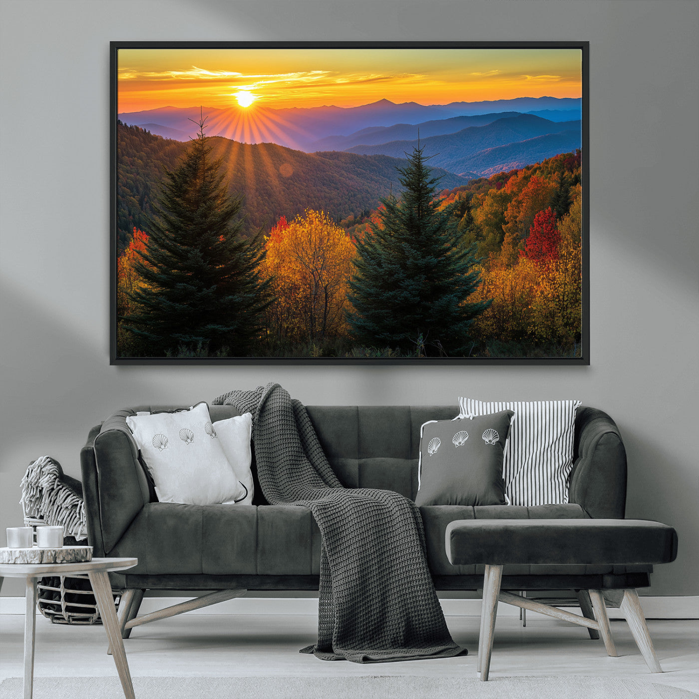 36964931-MGV-FC-36X24_Black-Autumn Mountains Wall Art Canvas Print, Framed Sunset Glow Forest Art Picture Print, Golden Trees Perfect Vibrant Nature Decor