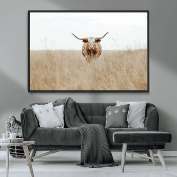 20927060-MGV-FC-36X24_Black-Texas Longhorn Wall Art Canvas Print, Framed Lone Cattle Art Picture Print, Longhorn Bull Perfect Rustic Western Decor Artwork