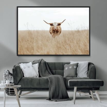 20927060-MGV-CV-36X24-Texas Longhorn Wall Art Canvas Print, Framed Lone Cattle Art Picture Print, Longhorn Bull Perfect Rustic Western Decor Artwork
