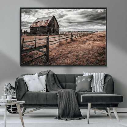 73898372-MGV-FC-36X24_Black-Rustic Barn Wall Art Canvas Print, Framed Moody Field Art Picture Print, Weathered Fence Perfect Moody Farmhouse Decor Artwork