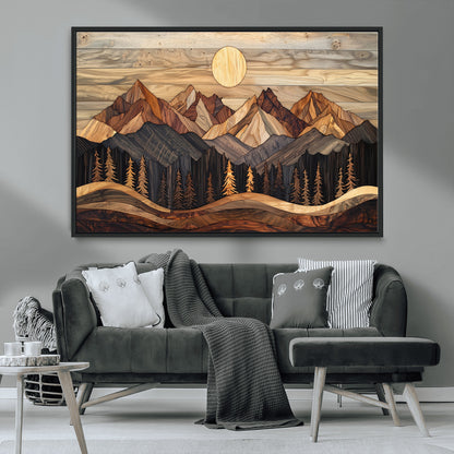 50100230-MGV-CV-36X24-Wooden Mountain Wall Art – Rustic Nature Landscape Canvas Print, Handmade Style Sun, Forest, and Peaks Artwork for Living Room,